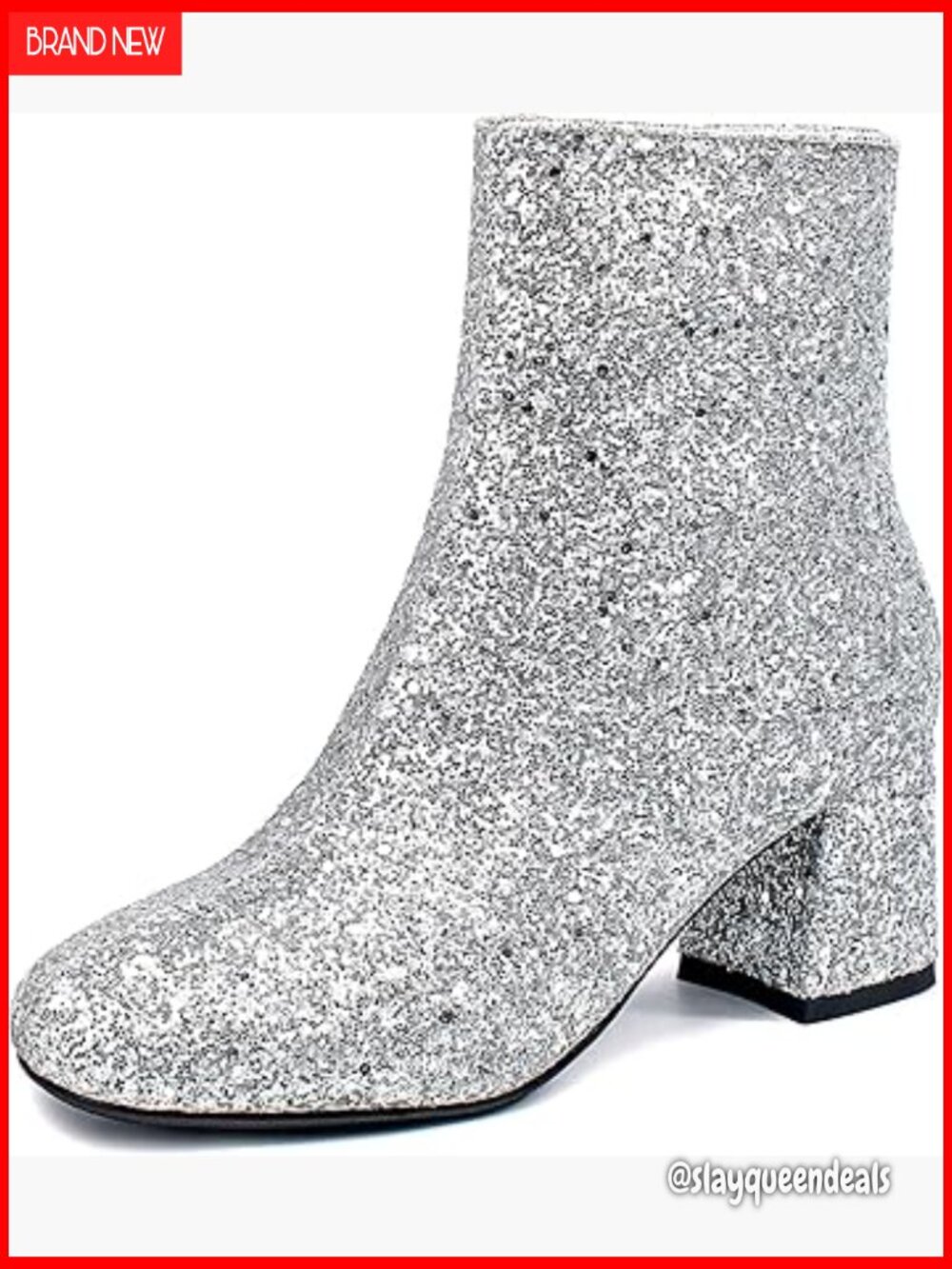 Women's Chunky Heel Ankle Boots with Side Zipper, Glitter Material, Wedding